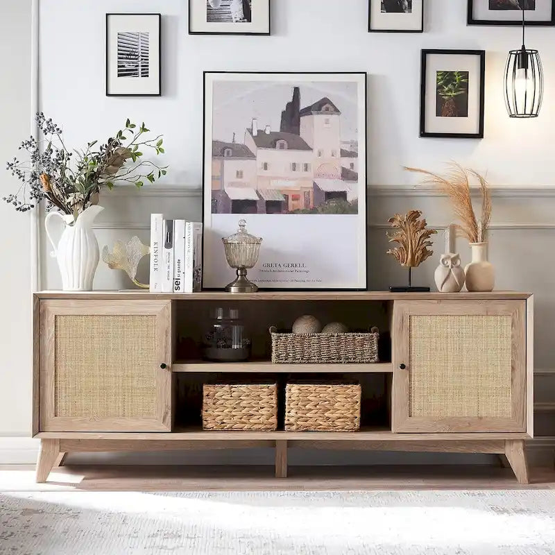 Meuble TV en rotin de style moderne du milieu du siècle pour téléviseur de 75 pouces, centre de divertissement