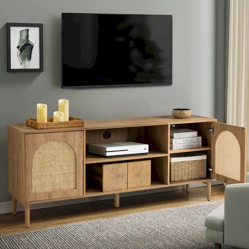 Uirico Modern Rattan TV Stand Entertainment Centers with Push-to-Open Doors by HULALA HOME