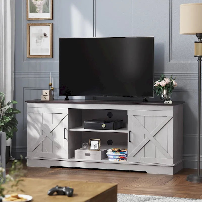 Meuble TV de ferme Evelynn Wood avec portes de grange coulissantes pour téléviseur de 65 pouces, gris et blanc