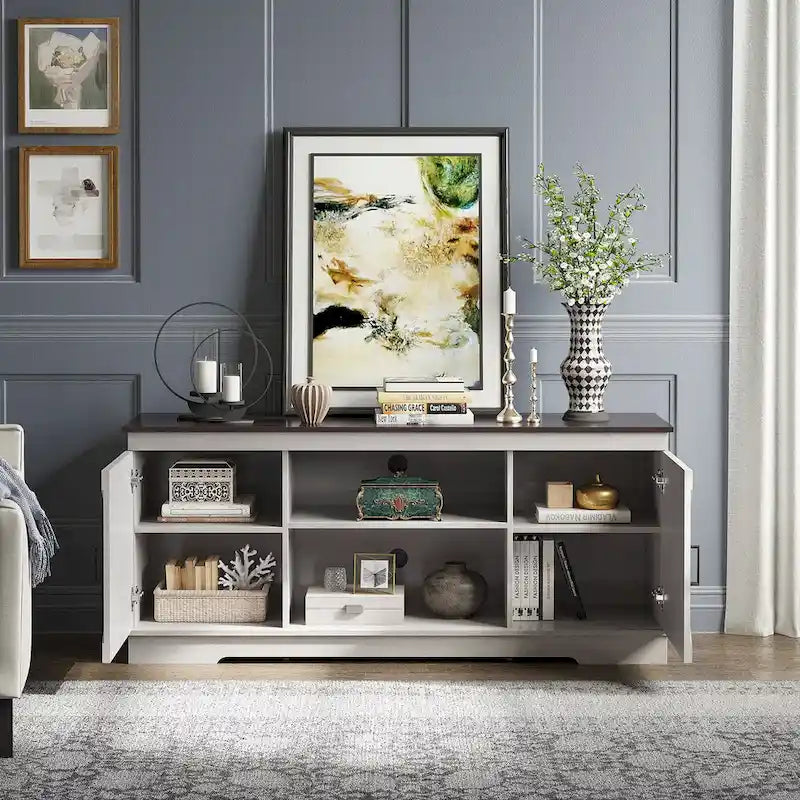 Meuble TV de ferme Evelynn Wood avec portes de grange coulissantes pour téléviseur de 65 pouces, gris et blanc