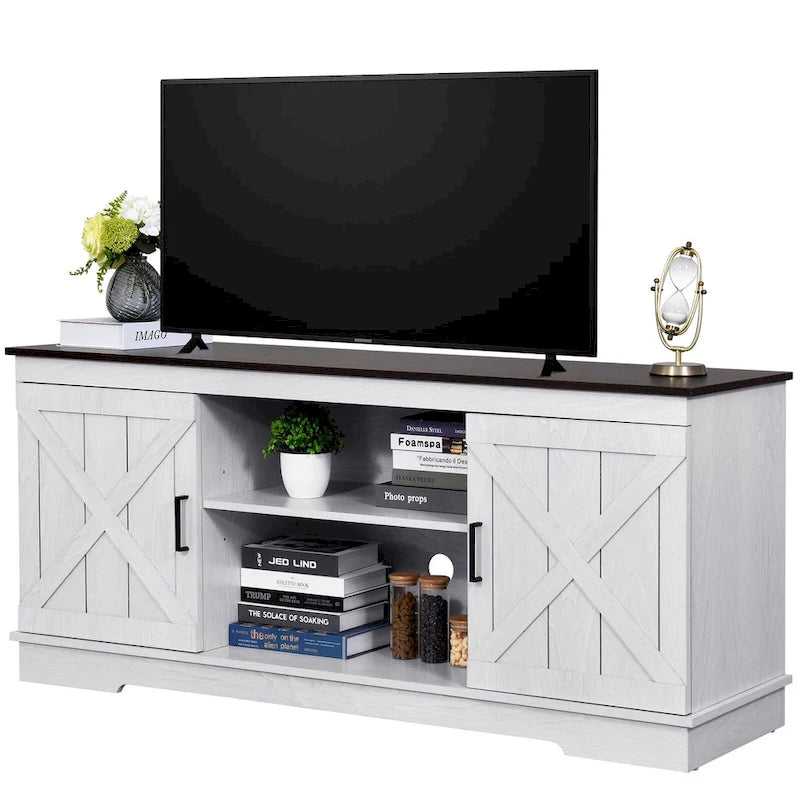 Meuble TV de ferme Evelynn Wood avec portes de grange coulissantes pour téléviseur de 65 pouces, gris et blanc
