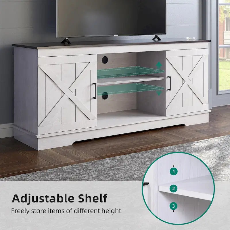 Meuble TV de ferme Evelynn Wood avec portes de grange coulissantes pour téléviseur de 65 pouces, gris et blanc