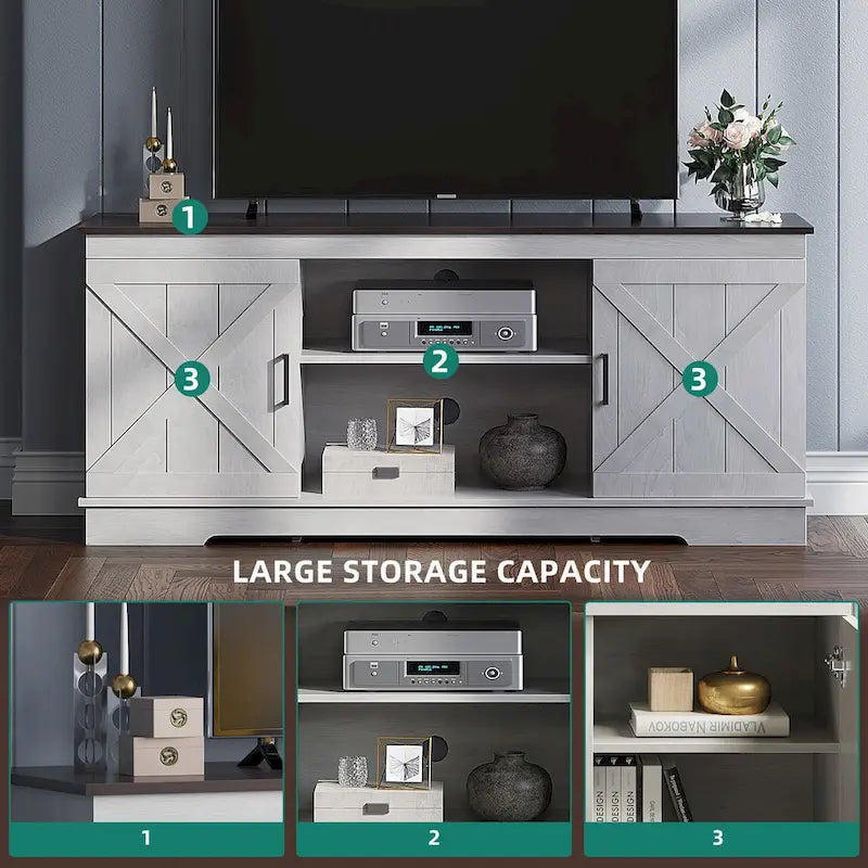 Meuble TV de ferme Evelynn Wood avec portes de grange coulissantes pour téléviseur de 65 pouces, gris et blanc