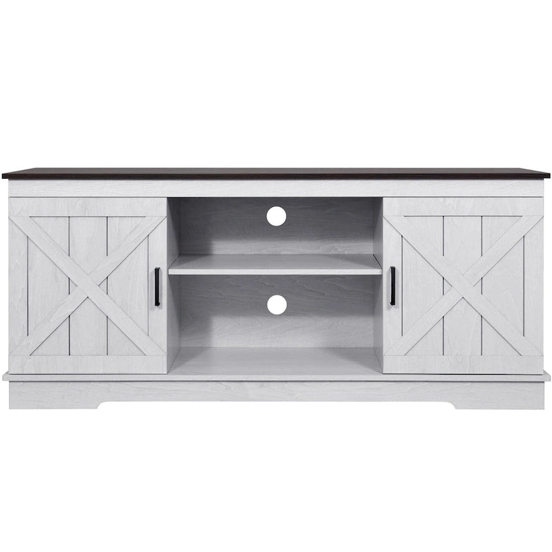 Meuble TV de ferme Evelynn Wood avec portes de grange coulissantes pour téléviseur de 65 pouces, gris et blanc