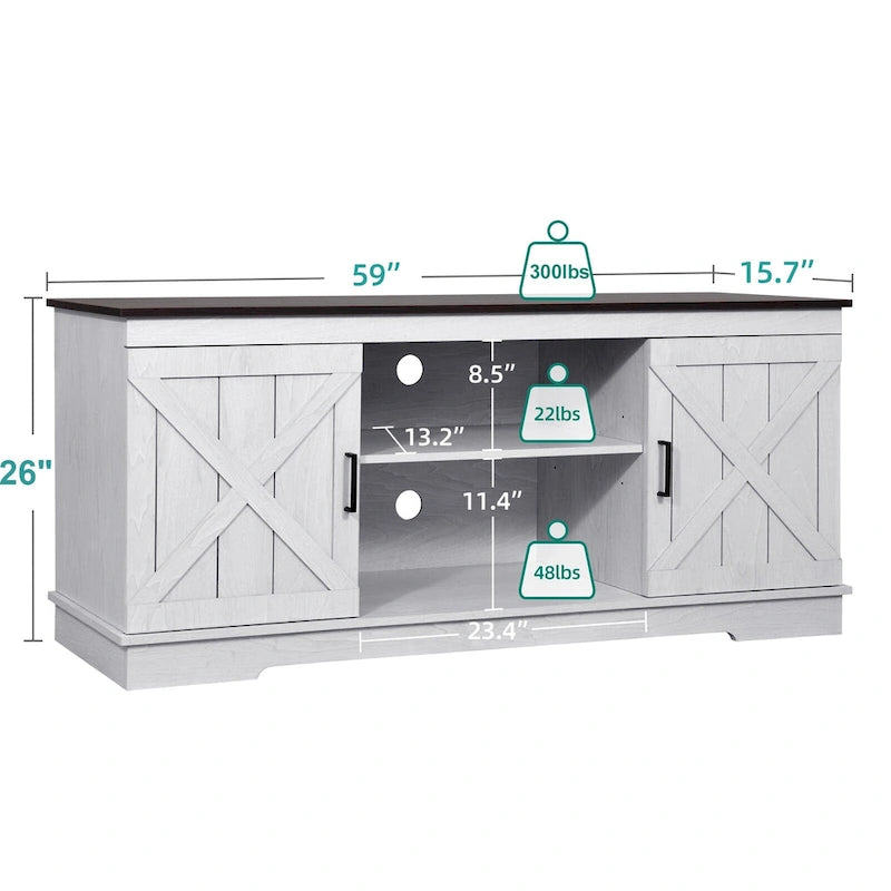 Meuble TV de ferme Evelynn Wood avec portes de grange coulissantes pour téléviseur de 65 pouces, gris et blanc