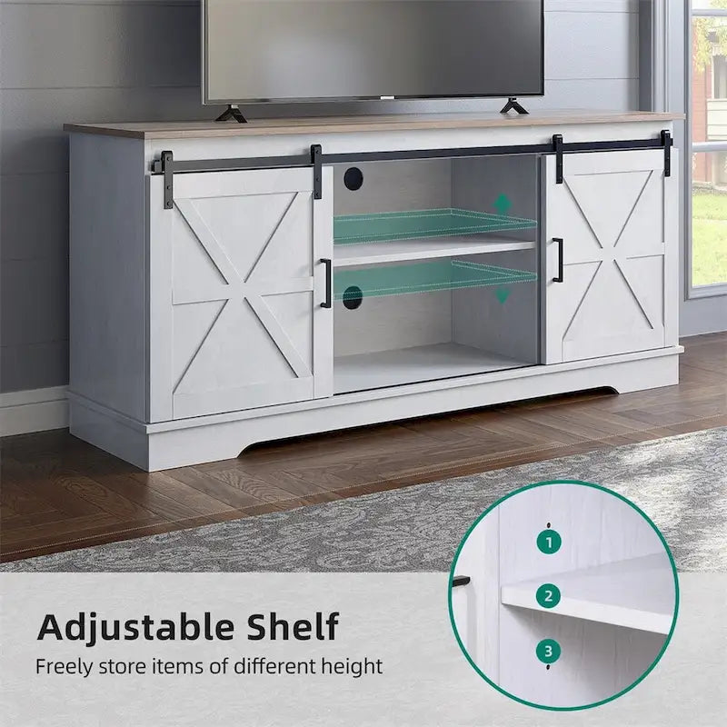 Meuble TV de ferme Evelynn Wood avec portes de grange coulissantes pour téléviseur de 65 pouces, gris et blanc