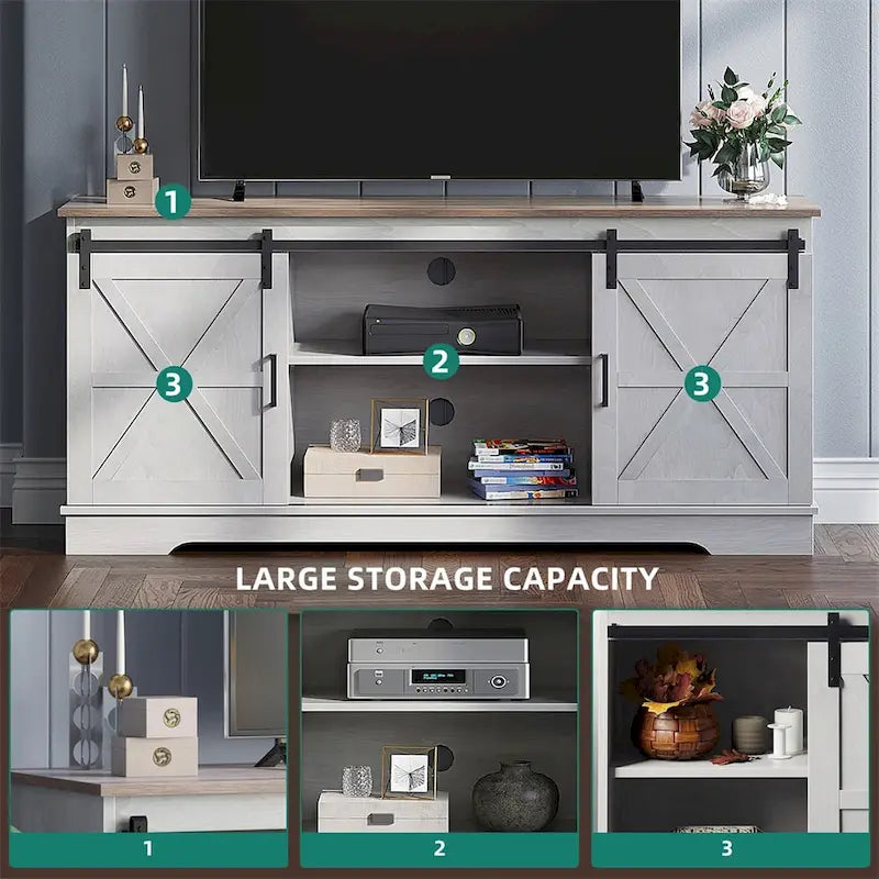 Meuble TV de ferme Evelynn Wood avec portes de grange coulissantes pour téléviseur de 65 pouces, gris et blanc