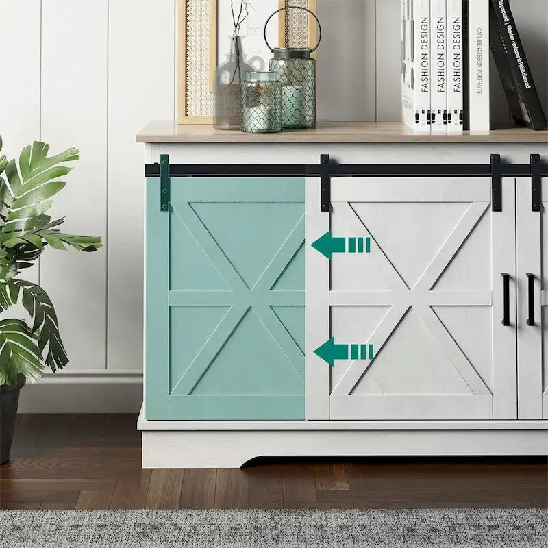 Meuble TV de ferme Evelynn Wood avec portes de grange coulissantes pour téléviseur de 65 pouces, gris et blanc