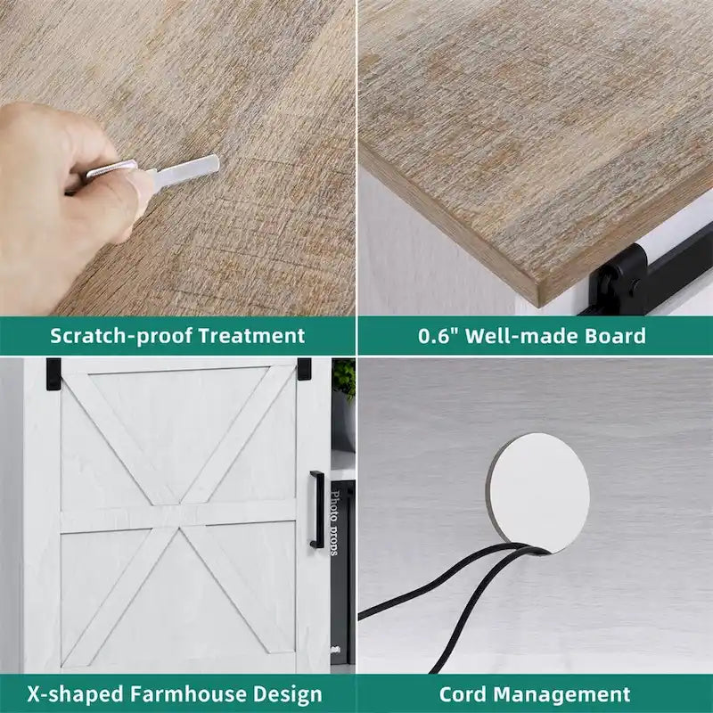 Meuble TV de ferme Evelynn Wood avec portes de grange coulissantes pour téléviseur de 65 pouces, gris et blanc