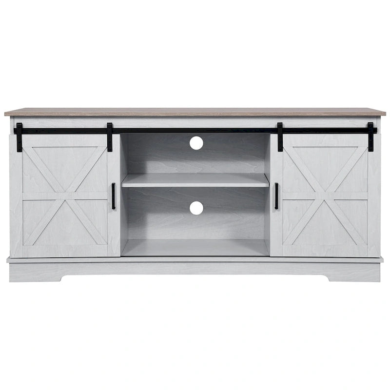 Meuble TV de ferme Evelynn Wood avec portes de grange coulissantes pour téléviseur de 65 pouces, gris et blanc