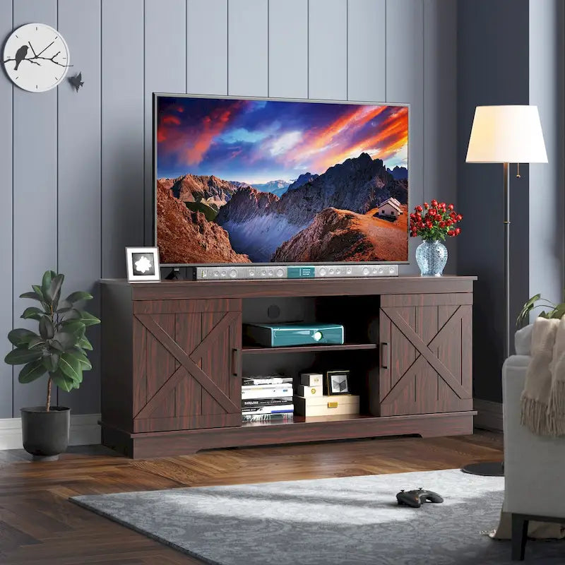 Meuble TV de ferme Evelynn Wood avec portes de grange coulissantes pour téléviseur de 65 pouces, gris et blanc