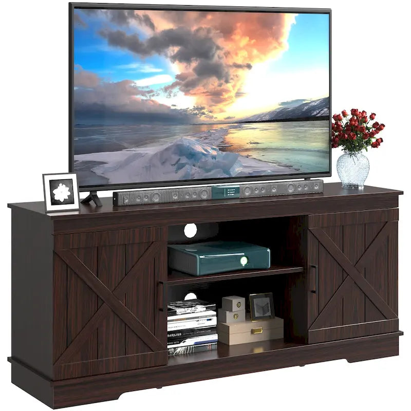 Meuble TV de ferme Evelynn Wood avec portes de grange coulissantes pour téléviseur de 65 pouces, gris et blanc