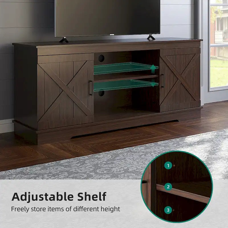 Meuble TV de ferme Evelynn Wood avec portes de grange coulissantes pour téléviseur de 65 pouces, gris et blanc
