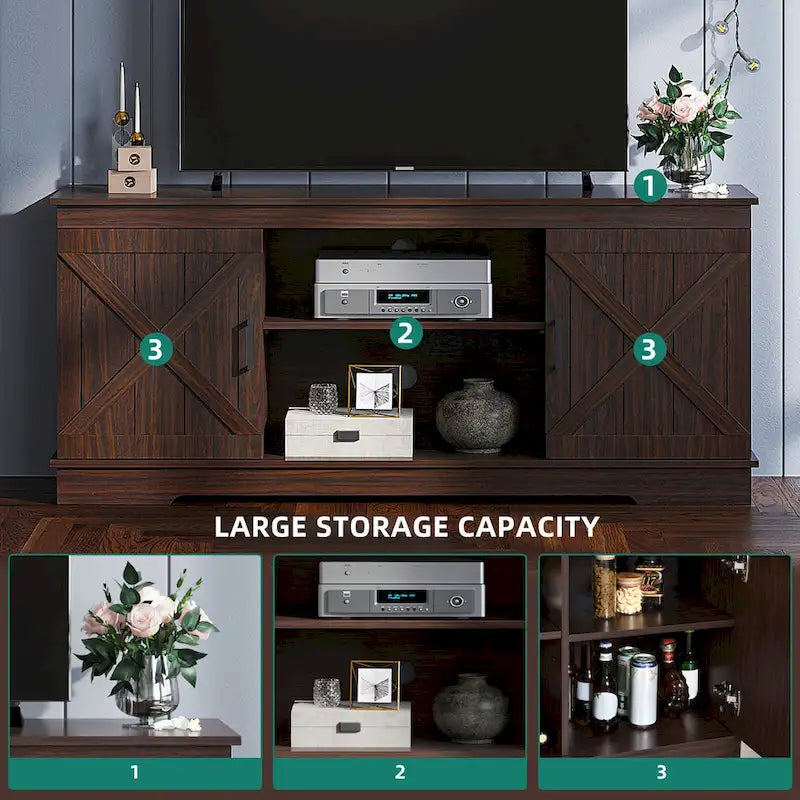 Meuble TV de ferme Evelynn Wood avec portes de grange coulissantes pour téléviseur de 65 pouces, gris et blanc