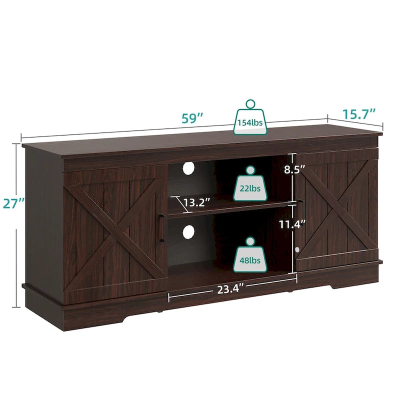 Meuble TV de ferme Evelynn Wood avec portes de grange coulissantes pour téléviseur de 65 pouces, gris et blanc