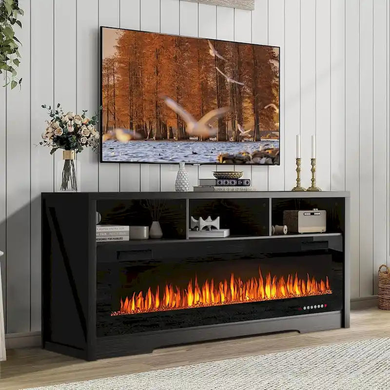 BOSSIN Meuble TV 65" pour TV jusqu'à 75" avec cheminée électrique 60", meuble de divertissement avec étagères ouvertes