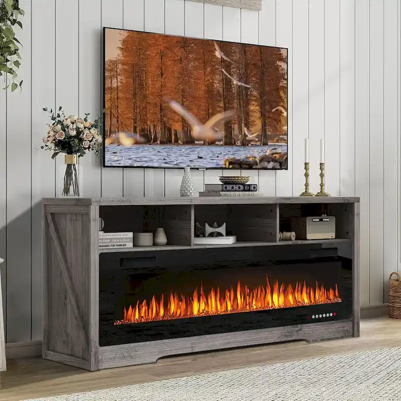 BOSSIN Meuble TV 65" pour TV jusqu'à 75" avec cheminée électrique 60", meuble de divertissement avec étagères ouvertes