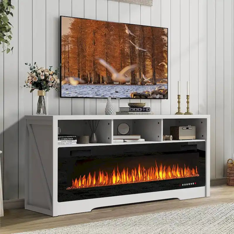 BOSSIN Meuble TV 65" pour TV jusqu'à 75" avec cheminée électrique 60", meuble de divertissement avec étagères ouvertes
