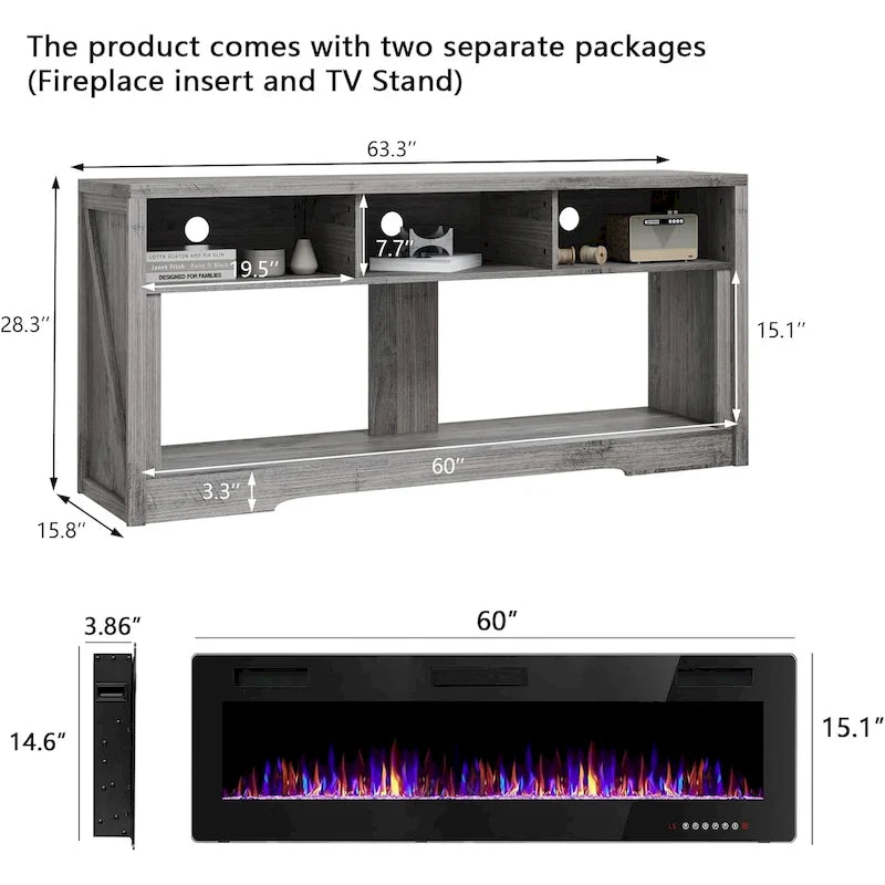 BOSSIN Meuble TV 65" pour TV jusqu'à 75" avec cheminée électrique 60", meuble de divertissement avec étagères ouvertes