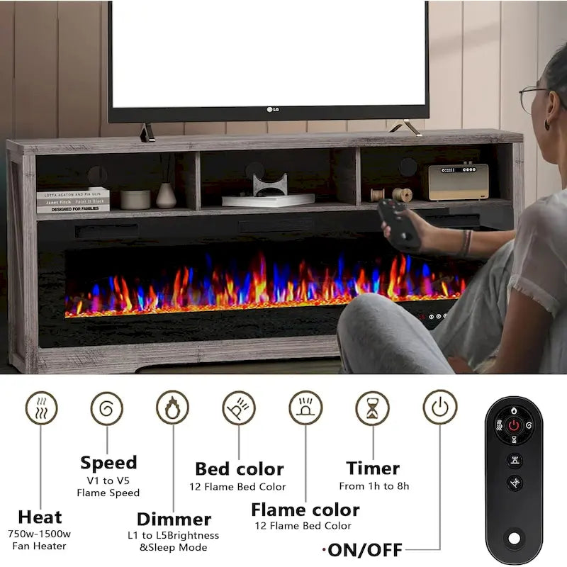 BOSSIN Meuble TV 65" pour TV jusqu'à 75" avec cheminée électrique 60", meuble de divertissement avec étagères ouvertes