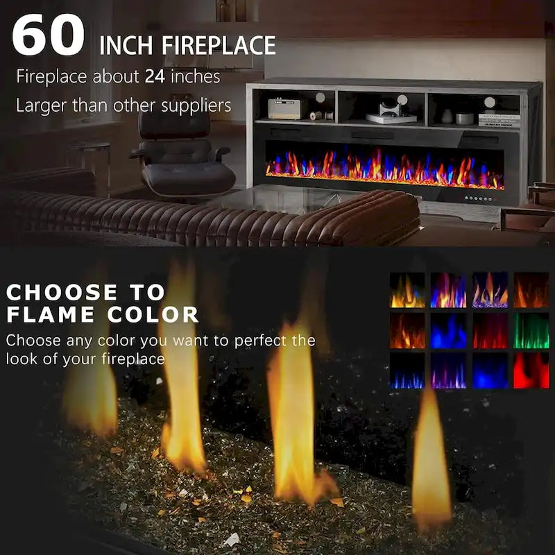 BOSSIN Meuble TV 65" pour TV jusqu'à 75" avec cheminée électrique 60", meuble de divertissement avec étagères ouvertes