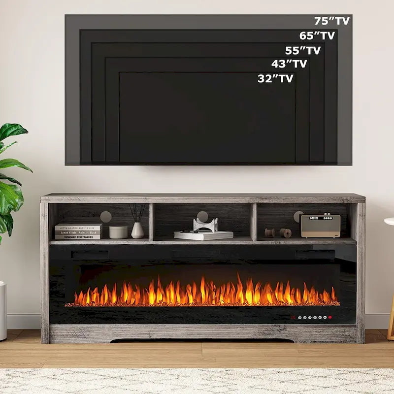 BOSSIN Meuble TV 65" pour TV jusqu'à 75" avec cheminée électrique 60", meuble de divertissement avec étagères ouvertes