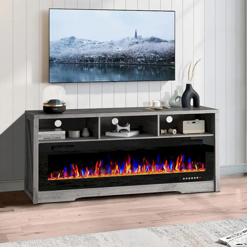 BOSSIN Meuble TV 65" pour TV jusqu'à 75" avec cheminée électrique 60", meuble de divertissement avec étagères ouvertes