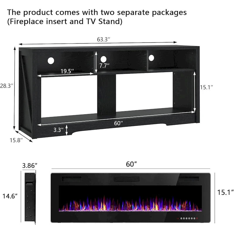 BOSSIN Meuble TV 65" pour TV jusqu'à 75" avec cheminée électrique 60", meuble de divertissement avec étagères ouvertes