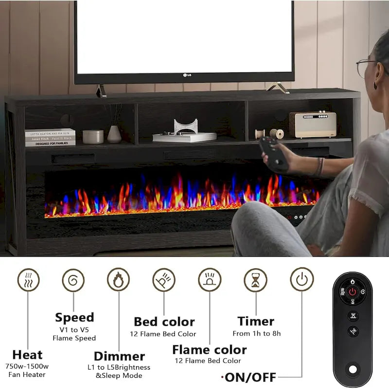 BOSSIN Meuble TV 65" pour TV jusqu'à 75" avec cheminée électrique 60", meuble de divertissement avec étagères ouvertes