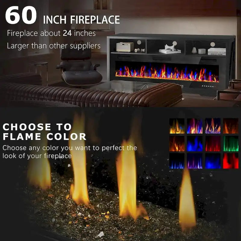 BOSSIN Meuble TV 65" pour TV jusqu'à 75" avec cheminée électrique 60", meuble de divertissement avec étagères ouvertes