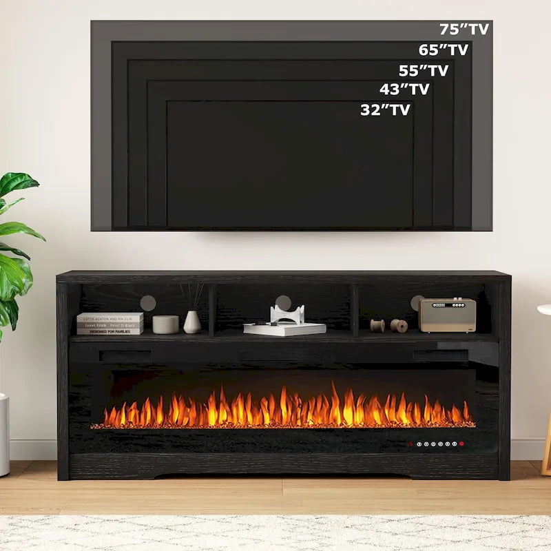 BOSSIN Meuble TV 65" pour TV jusqu'à 75" avec cheminée électrique 60", meuble de divertissement avec étagères ouvertes