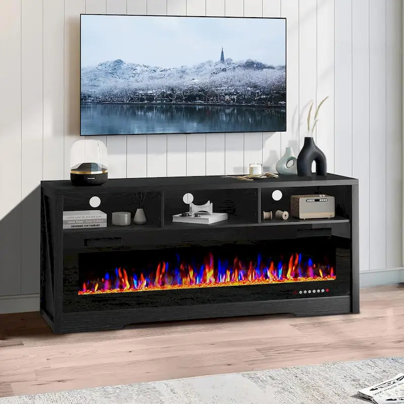 BOSSIN Meuble TV 65" pour TV jusqu'à 75" avec cheminée électrique 60", meuble de divertissement avec étagères ouvertes