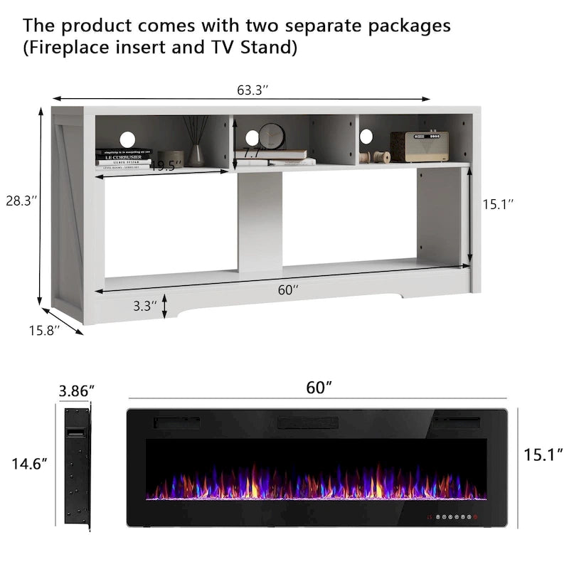 BOSSIN Meuble TV 65" pour TV jusqu'à 75" avec cheminée électrique 60", meuble de divertissement avec étagères ouvertes