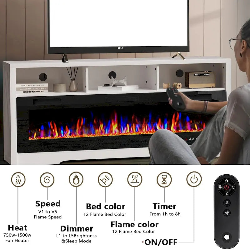 BOSSIN Meuble TV 65" pour TV jusqu'à 75" avec cheminée électrique 60", meuble de divertissement avec étagères ouvertes