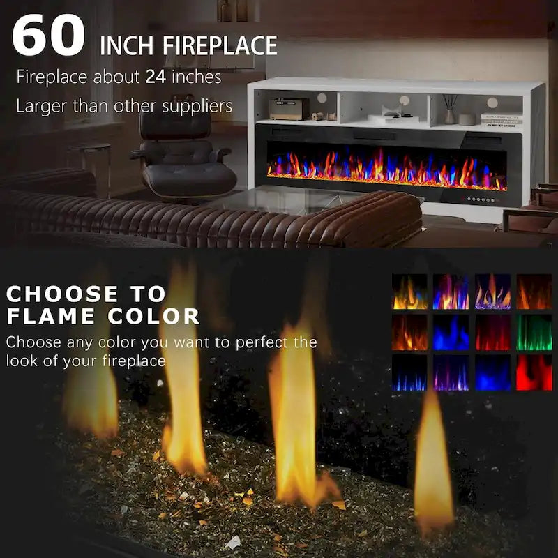 BOSSIN Meuble TV 65" pour TV jusqu'à 75" avec cheminée électrique 60", meuble de divertissement avec étagères ouvertes