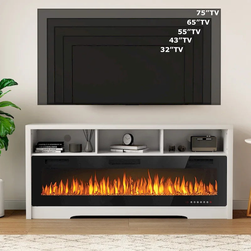 BOSSIN Meuble TV 65" pour TV jusqu'à 75" avec cheminée électrique 60", meuble de divertissement avec étagères ouvertes