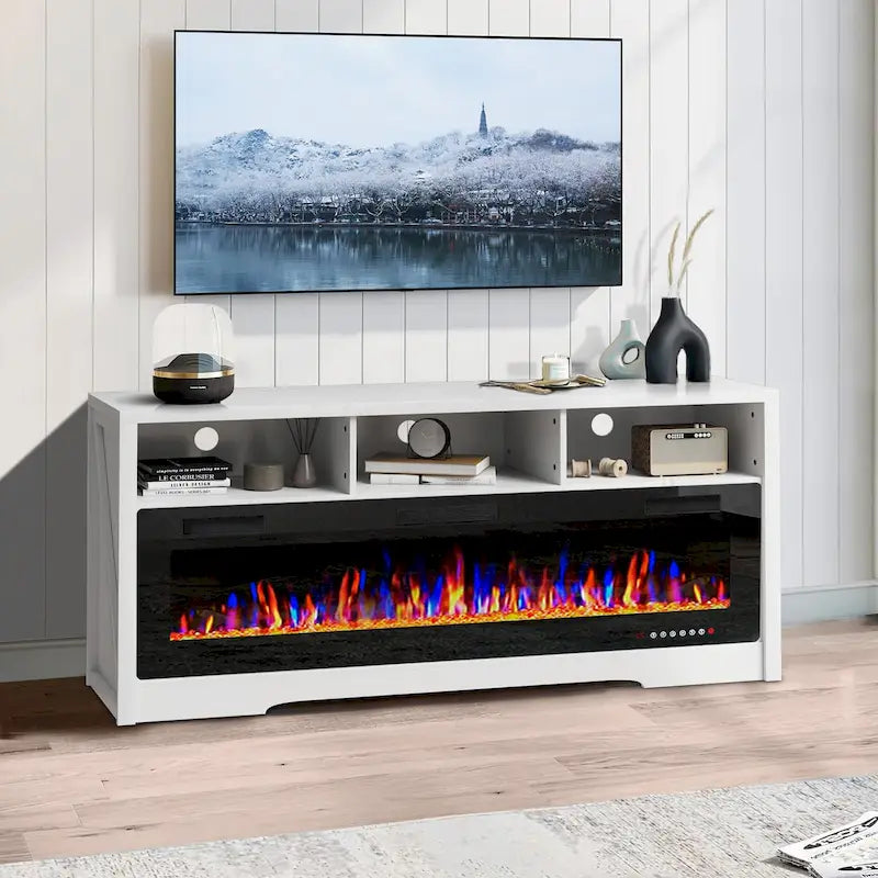 BOSSIN Meuble TV 65" pour TV jusqu'à 75" avec cheminée électrique 60", meuble de divertissement avec étagères ouvertes