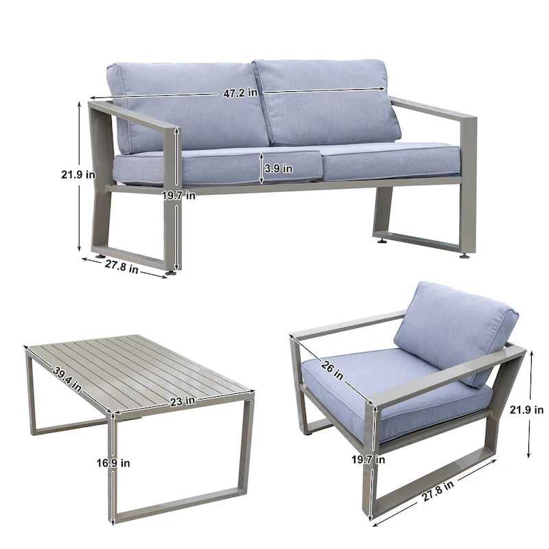 Ensemble de conversation 4 pièces pour patio avec table basse et coussins