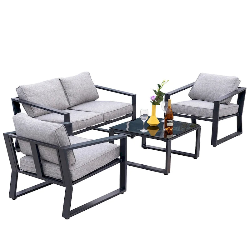Ensemble de conversation 4 pièces pour patio avec table basse et coussins