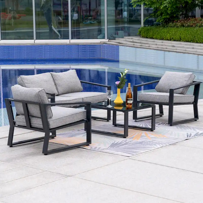 Ensemble de conversation 4 pièces pour patio avec table basse et coussins