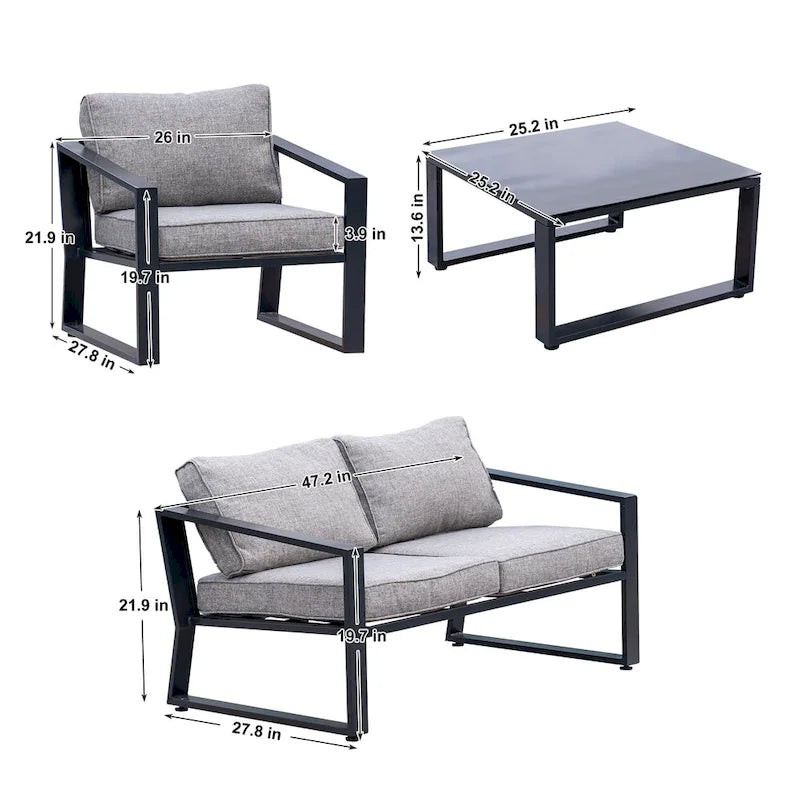 Ensemble de conversation 4 pièces pour patio avec table basse et coussins
