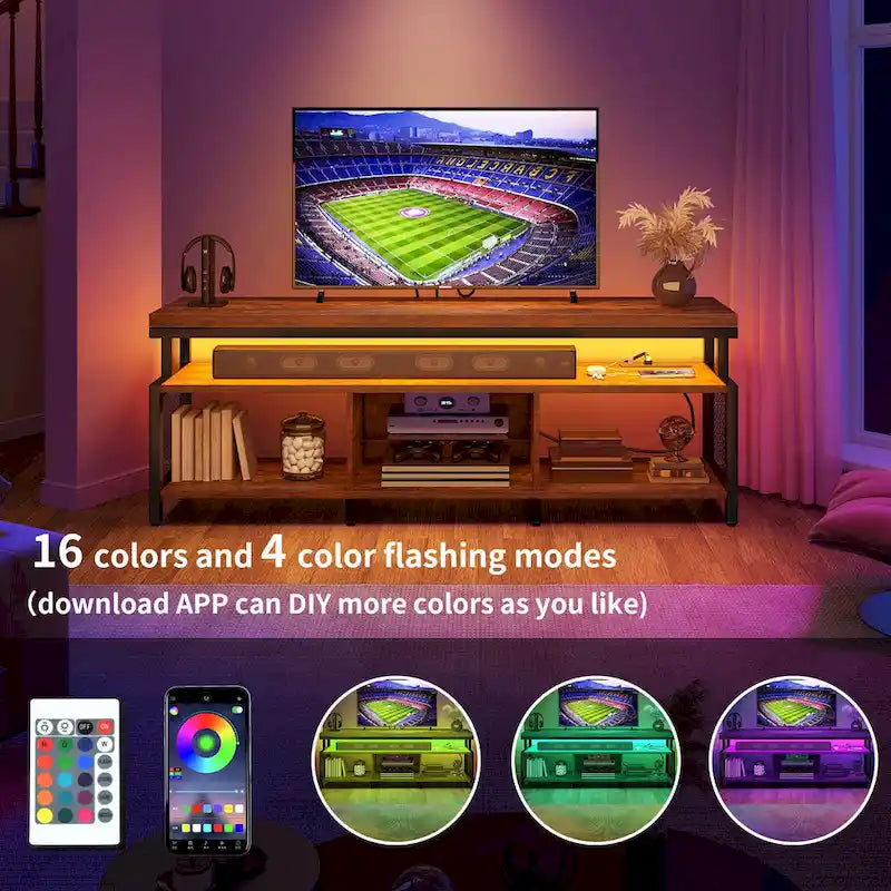 Meuble TV industriel en bois avec lumière LED, étagères de rangement ouvertes, prises de courant et télécommande Bluetooth