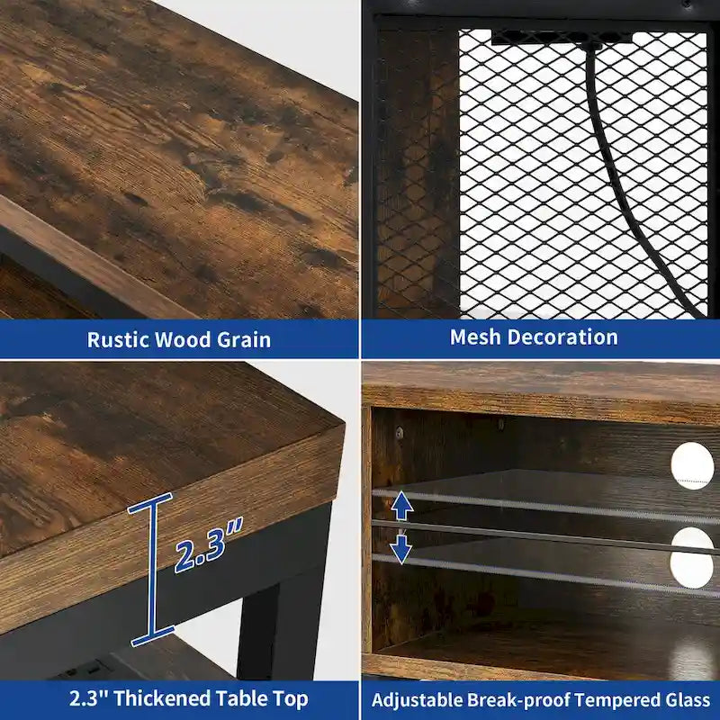 Meuble TV industriel en bois avec lumière LED, étagères de rangement ouvertes, prises de courant et télécommande Bluetooth