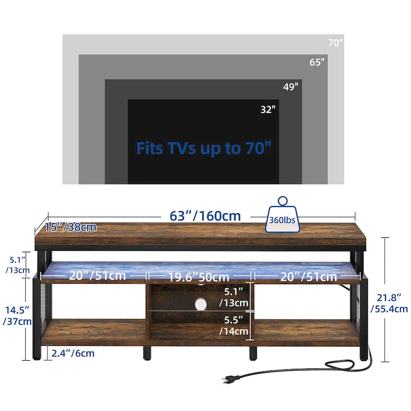 Meuble TV industriel en bois avec lumière LED, étagères de rangement ouvertes, prises de courant et télécommande Bluetooth