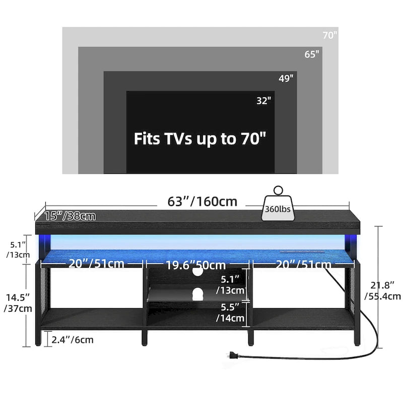 Meuble TV industriel en bois avec lumière LED, étagères de rangement ouvertes, prises de courant et télécommande Bluetooth