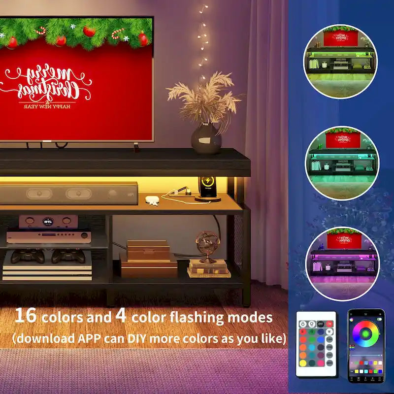 Meuble TV industriel en bois avec lumière LED, étagères de rangement ouvertes, prises de courant et télécommande Bluetooth