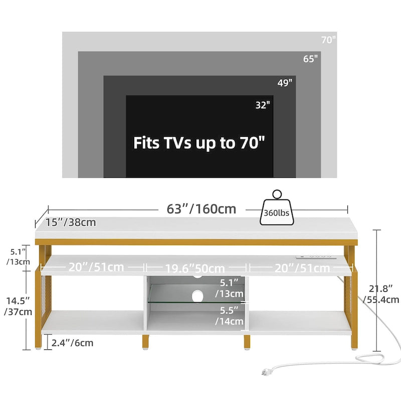 Meuble TV industriel en bois avec lumière LED, étagères de rangement ouvertes, prises de courant et télécommande Bluetooth