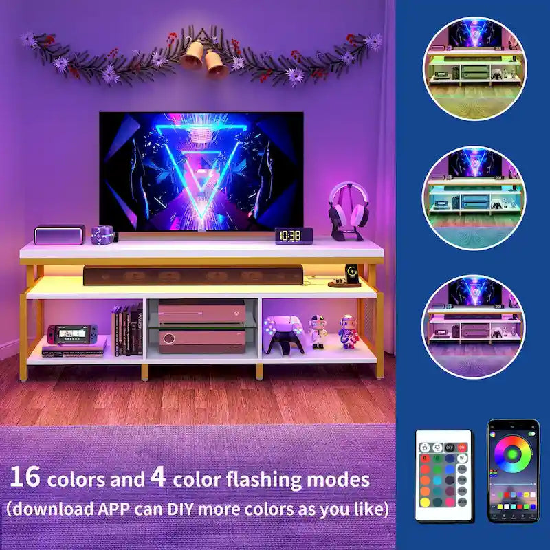 Meuble TV industriel en bois avec lumière LED, étagères de rangement ouvertes, prises de courant et télécommande Bluetooth