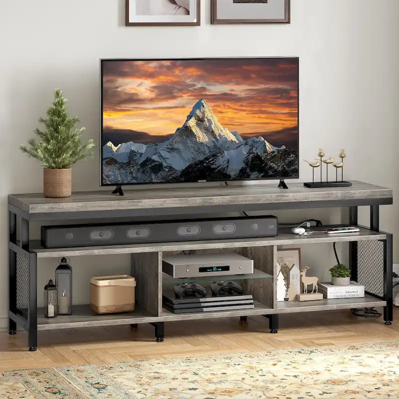 Meuble TV industriel en bois avec lumière LED, étagères de rangement ouvertes, prises de courant et télécommande Bluetooth