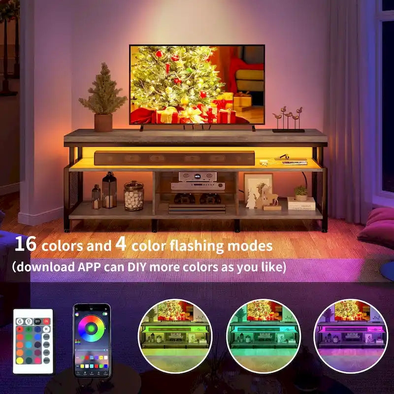 Meuble TV industriel en bois avec lumière LED, étagères de rangement ouvertes, prises de courant et télécommande Bluetooth